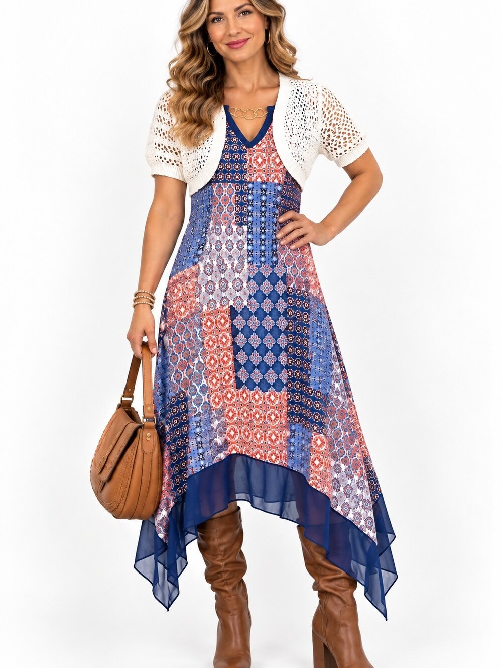 Espresso L Boho Patchwork Maxi Dress Handkerchief Hem Fall Transition Resort